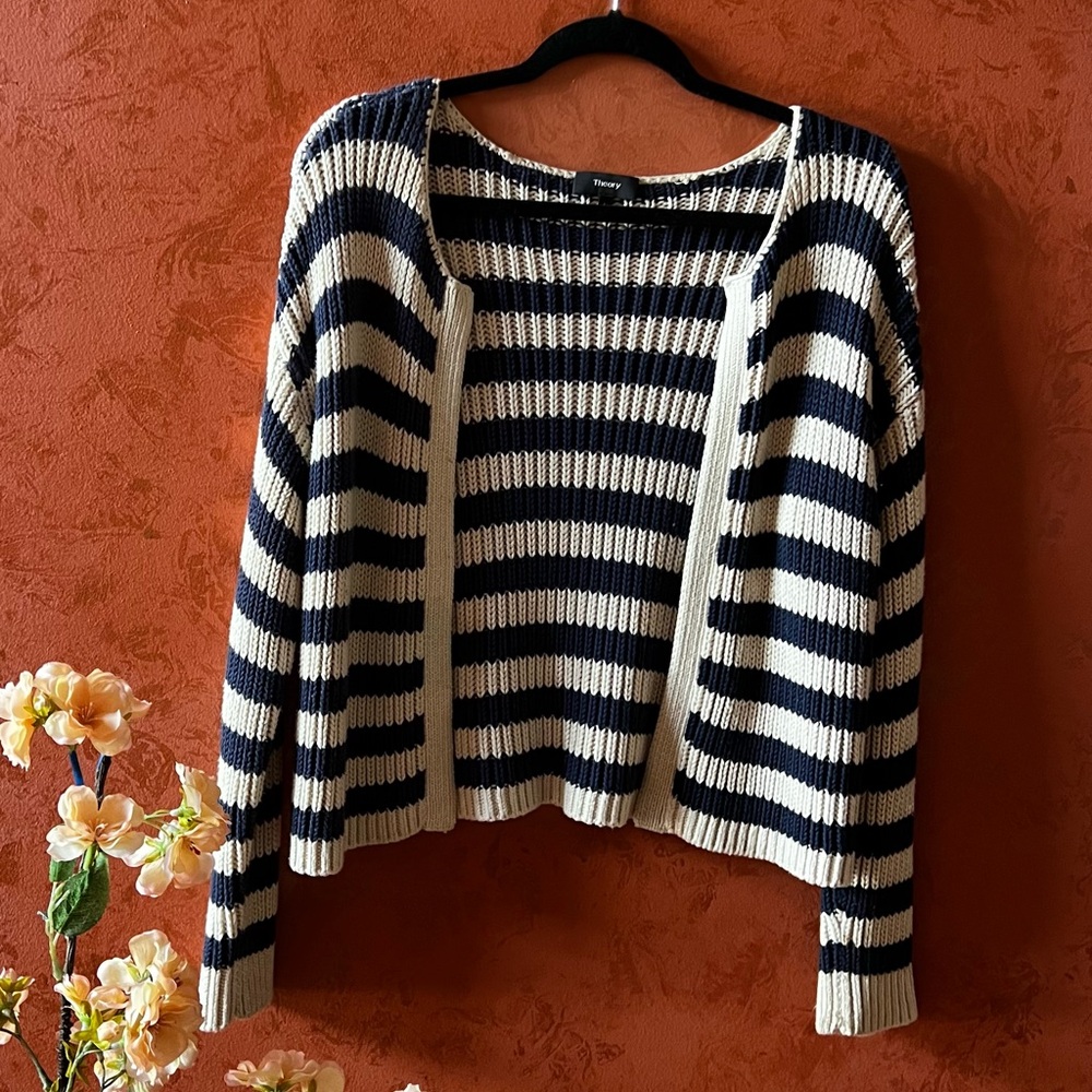 Theory Black and White Striped Cardigan